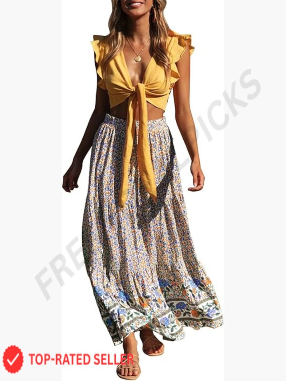 Bohemian Floral Print High Rise Maxi Skirt with Pockets Boho
